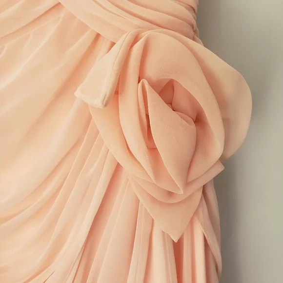 Vintage 80s Pink Pleated Ruched Formal High Low Midi Dress with Rose Detail - Picture 13 of 16